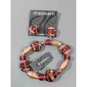 New Red Dichroic Glass Bracelet Earrings Set Gold‎ Tone Beaded 7"